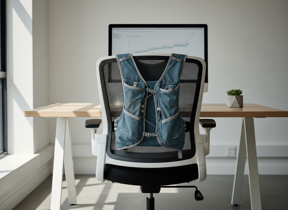 A lightweight hydration vest crafted from technical, breathable fabric in cool slate blue and neutral gray, neatly draped over a structured office chair with a mesh backrest. The setting is a modern workspace with a calm palette, featuring a hint of a computer monitor and a potted succulent in the far background, all maintaining a sense of order and focus. Soft, diffused daylight pours in from a nearby window, highlighting the subtle textures of the vest and casting gentle, linear shadows. The image exudes professionalism and forward-thinking, captured with a symmetrical, centered composition and sharp focus to enhance the clean, curated, and corporate aesthetic that supports a running coach’s expertise.