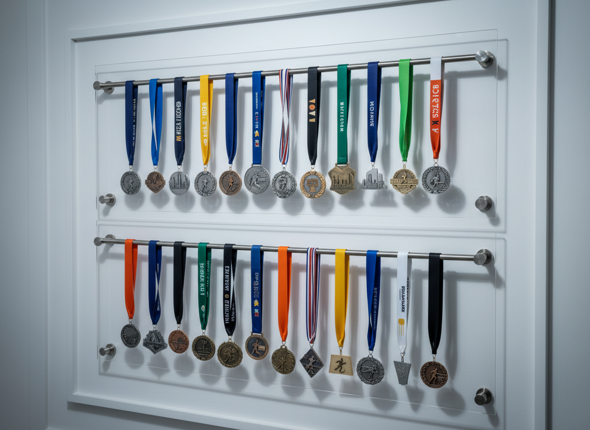 A structured marathon medal display consisting of sleek, brushed metal hanging rods and clear acrylic panels, elegantly holding a lineup of race medals in varying silvers and bronzes. The backdrop is a featureless off-white wall with clean architectural lines, enhancing the sense of minimalism and focus. Illumination comes from controlled, cool-toned studio lighting, creating soft highlights reflecting off the metals and mild, well-defined shadows that add depth without clutter. The mood is one of achievement and clarity, positioning the imagery as aspirational for runners aiming for their own milestones. The composition is tightly framed from a forward-facing eye-level angle, reinforcing a sophisticated, organized, and modern business visual identity.