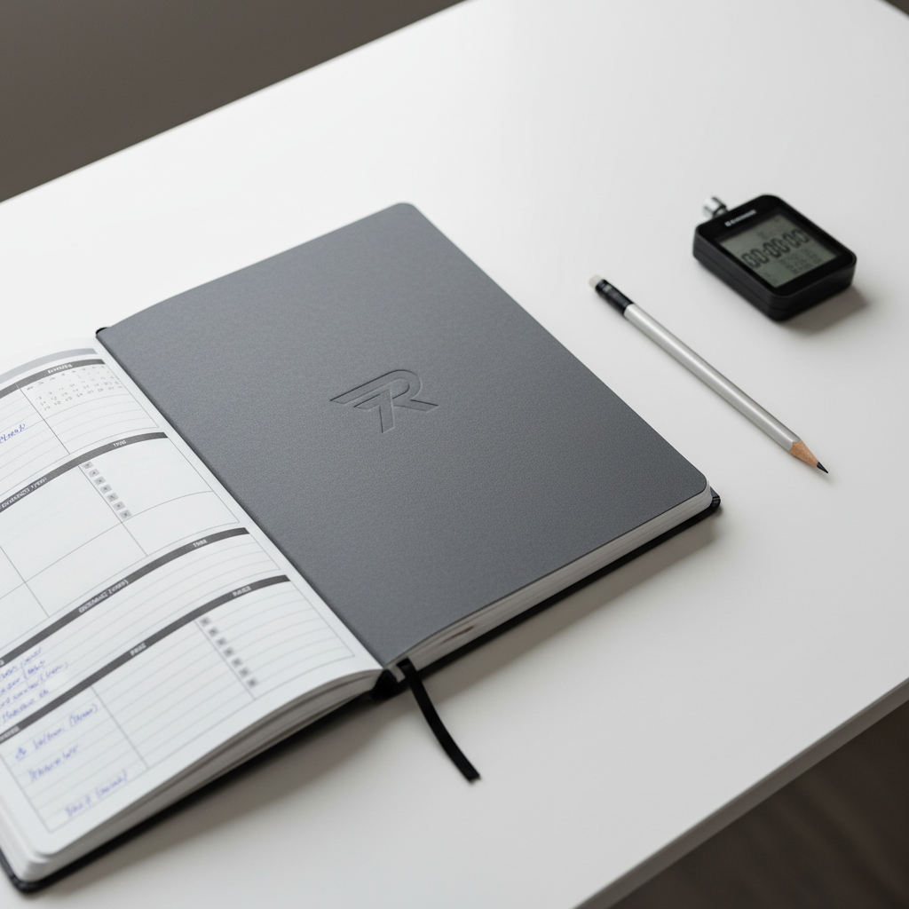 A crisp, structured training journal with a textured, matte gray cover featuring an understated logo embossed in the center, lying open on a sleek white desk. A neatly organized arrangement of a silver mechanical pencil and a digital stopwatch sits beside it. The scene is illuminated by soft, indirect overhead lighting, creating even highlights and minimal, tidy shadows. The mood is orderly, goal-focused, and subtly motivating, conveying a sense of professionalism and preparedness for running achievements. Captured from a gently elevated angle, the balanced composition and clean lines emphasize clarity and purpose, all in a minimalist, photographic style that fits a contemporary, corporate coaching brand.