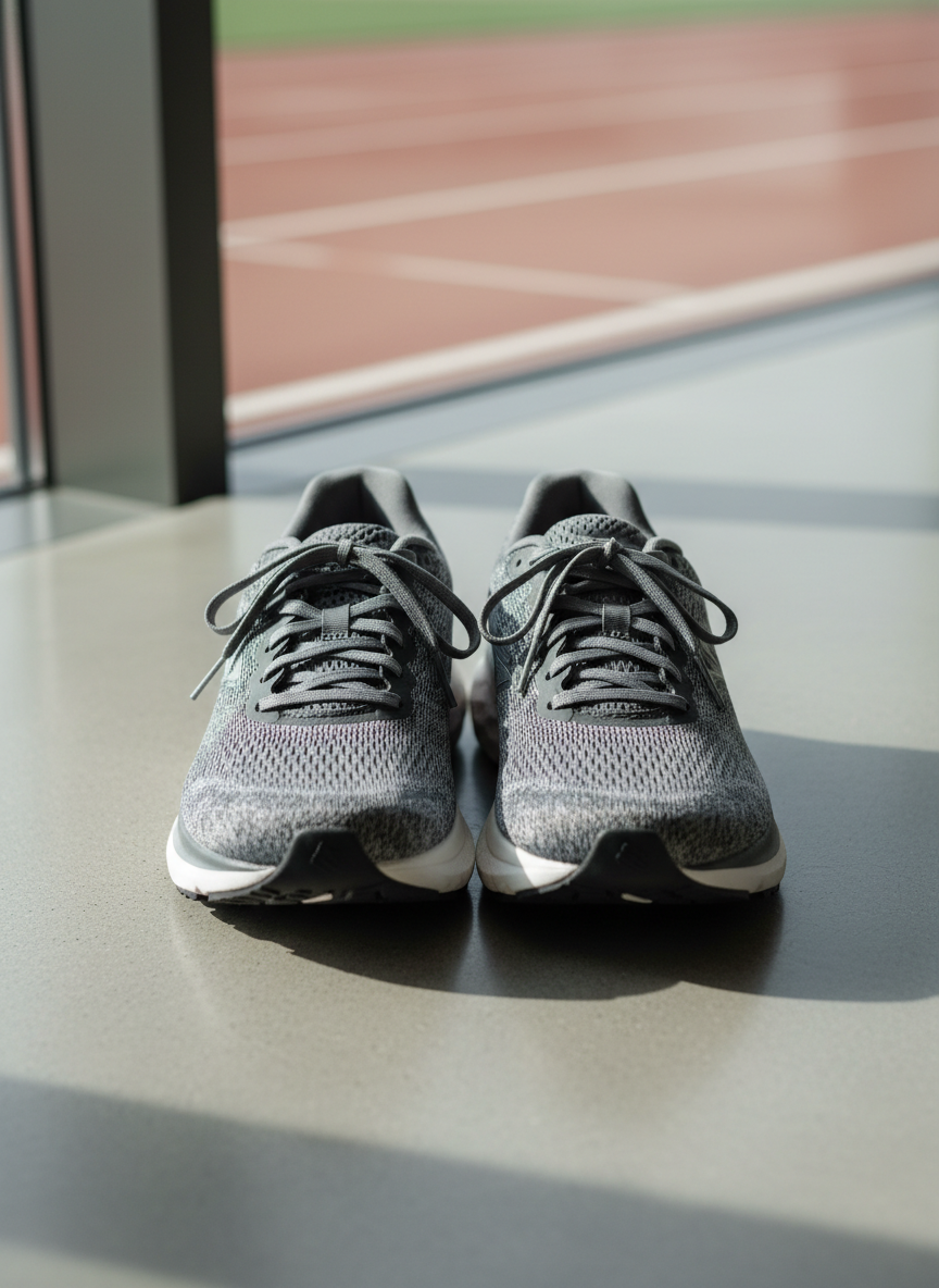 A pair of high-performance running shoes featuring engineered mesh uppers in muted gray tones, precision-tied laces, and supportive midsoles with subtle branding. The shoes are neatly positioned on a clean concrete surface, with a soft neutral backdrop composed of a minimalist running track edge and linear markings. Gentle, diffused daylight streams from a side window, adding soft highlights and casting gentle shadows along the carefully aligned shoes. The mood is professional and quietly inspiring, perfect for a site about running coaching. The composition uses a balanced, eye-level perspective with sharp focus and subtle depth of field, echoing a photographic realism and a clean, modern, corporate aesthetic.